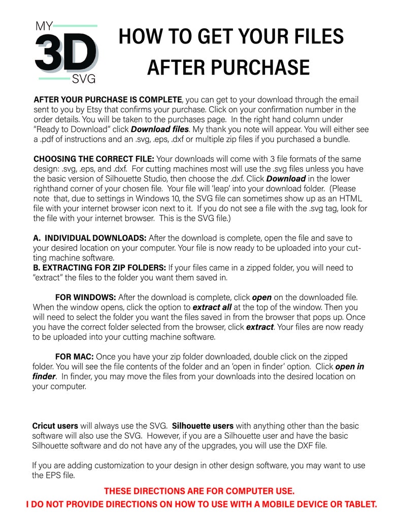 May include: A white and black text document with the title "How to Get Your Files After Purchase" and instructions on how to download digital files after purchasing them on Etsy. The document includes instructions for both Windows and Mac computers.