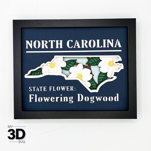 May include: A framed 3D paper craft of the state of North Carolina with the state flower, the flowering dogwood, in white and green. The text "NORTH CAROLINA" and "STATE FLOWER: Flowering Dogwood" is printed in white on a dark blue background.