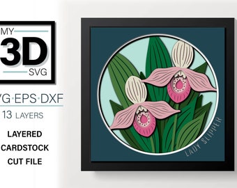 Puede incluir: Un diseño digital de papelcraft de una orquídea zapatilla de dama rosa y blanca con hojas verdes. El diseño está en un círculo con el texto "Lady Slipper" en la parte inferior derecha. El diseño es para archivos de corte de cartulina en capas.