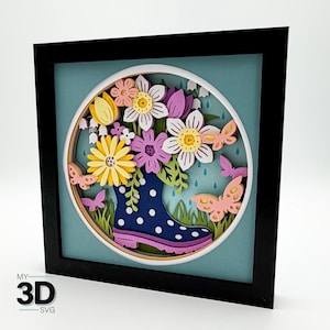 Puede incluir: Una obra de arte en papel en capas enmarcada en negro. La obra presenta una bota de agua azul con lunares llena de flores coloridas, mariposas y gotas de lluvia sobre un fondo azul claro. El texto "MY 3D SVG" está en la esquina inferior izquierda.