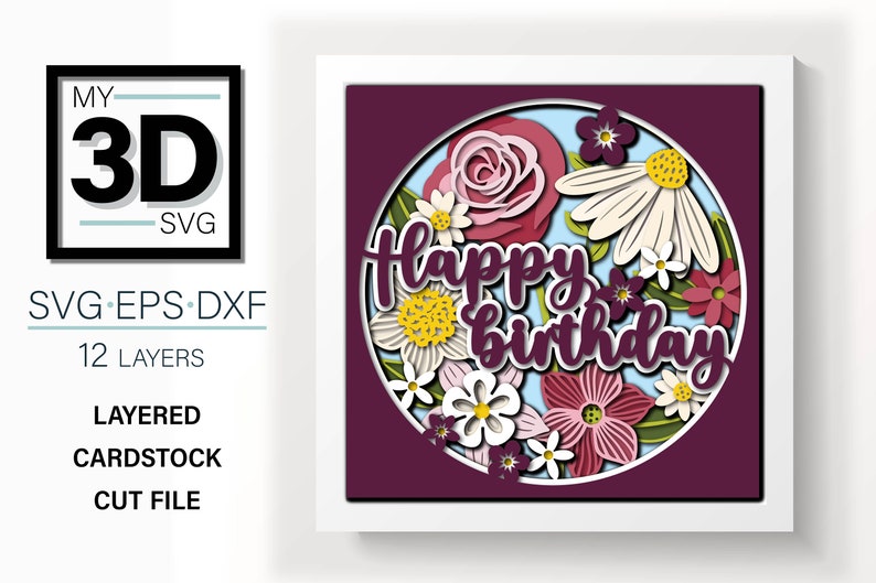 May include: A layered paper cut file design featuring a circle of flowers and the text "Happy Birthday" in a purple, pink, white, and yellow color scheme.