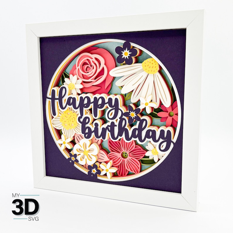 May include: A 3D paper craft with a purple background and a circle of layered paper flowers in shades of pink, yellow, and white. The text "Happy Birthday" is layered in purple on top of the flowers.