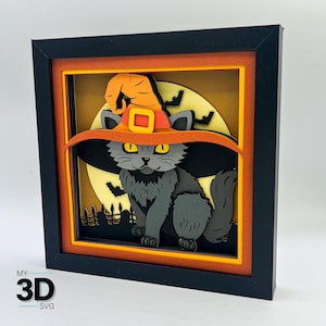 Chat 3D en chapeau de sorcière svg - svg Halloween shadow box - pour cricut - pour silhouette