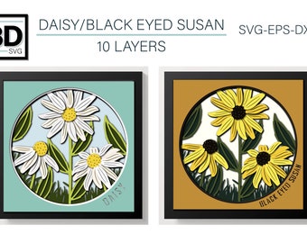 May include: Two framed images of paper cut flowers. The image on the left is a white daisy with green leaves and the text "DAISY". The image on the right is a yellow black-eyed Susan with green leaves and the text "BLACK EYED SUSAN".