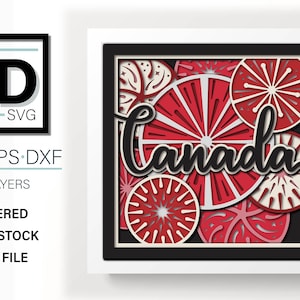 May include: A layered cardstock cut file design featuring the word "Canada" in a cursive font, set against red and white circular patterns. The design is framed in black, with "MY 3D SVG" and "SVG EPS DXF" on the left.