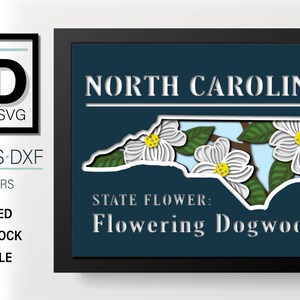 May include: A 3D layered papercraft design of the state of North Carolina with the state flower, the Flowering Dogwood, in white and green. The design is framed in black and set against a dark blue background. The text "MY 3D SVG" is in the top left corner and "SVG EPS DXF 10 LAYERS" is in the top left corner. The text "STATE FLOWER: Flowering Dogwood" is in the bottom center of the design.