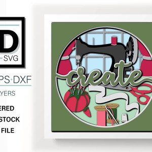 May include: A green and white layered papercraft design featuring a sewing machine, spools of thread, scissors, and the word "create".