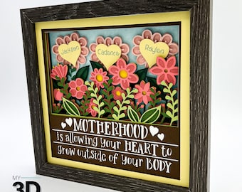 May include: A framed 3D paper craft with a brown wooden frame. The craft features a quote about motherhood with pink flowers and hearts. The quote reads "MOTHERHOOD is allowing your HEART to grow outside of your BODY".