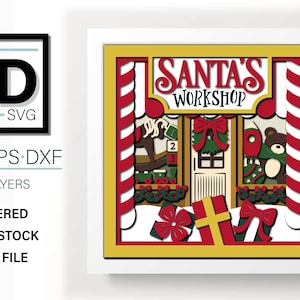 May include: A 3D layered papercraft design of Santa's Workshop. The design features a red and white striped candy cane, a green wreath with a red bow, a wooden door with a window, and a rocking horse. The text "SANTA'S WORKSHOP" is written in red and white letters.