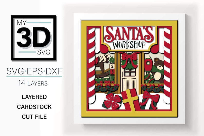 May include: A 3D layered papercraft design of Santa's Workshop. The design features a red and white striped candy cane, a green wreath with a red bow, a wooden door with a window, and a rocking horse. The text "SANTA'S WORKSHOP" is written in red and white letters.
