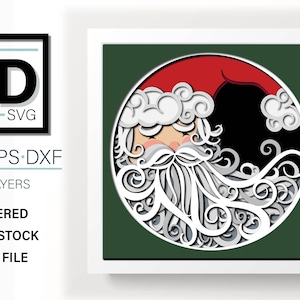 K&ouml;nnte beinhalten: Ein mehrschichtiges Papierbastel-Design von Santa Claus' Gesicht mit roter M&uuml;tze, wei&szlig;em Bart und lockigem wei&szlig;em Haar. Das Design ist in einem Kreis auf gr&uuml;nem Hintergrund.
