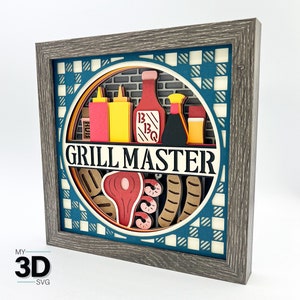 Może przedstawiać: Trójwymiarowa dekoracja ścienna w drewnianej ramie z niebiesko-białym szachownicowym tłem. W środku znajduje się okrąg z ceglaną ścianą, różnymi przyprawami do grillowania i tekstem "Grill Master".