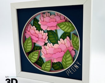 Puede incluir: Un marco blanco con fondo azul y un recorte redondo con flores de papel rosa y verde. El texto "PEONY" está en la parte inferior del recorte.