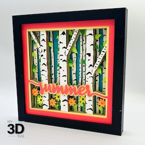 May include: A 3D papercraft of a birch tree forest with the word "summer" in a bright orange font. The trees are layered and have a 3D effect. The background is a teal blue color.
