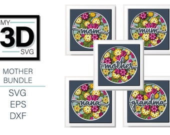 以下が含まれることがあります： 「mom」「mum」「mother」「nana」「grandma」の文字が入った、額入りの花の絵のプリントのコレクション。各プリントは、母の日に最適な、円形デザインのカラフルな花が特徴です。
