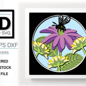 May include: A layered papercraft design featuring a purple flower with a yellow and black bee, surrounded by smaller white flowers and green leaves. The design is set against a blue background and is framed in a black circle.