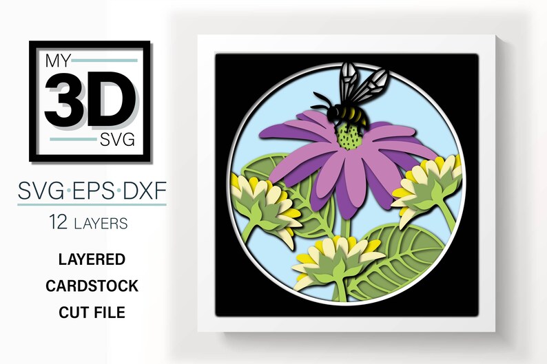 May include: A layered papercraft design featuring a purple flower with a yellow and black bee, surrounded by smaller white flowers and green leaves. The design is set against a blue background and is framed in a black circle.