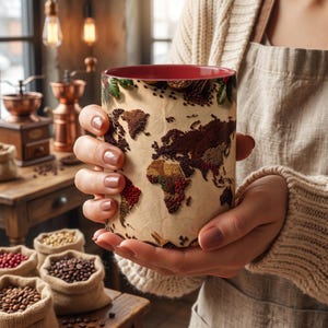 May include: A cylindrical ceramic mug featuring a vintage-style world map design composed of various coffee beans and grounds. The mug has a smooth cream-colored exterior with a deep red interior lining, showcasing a detailed global landmass graphic.