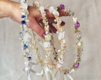 Corone sottili di fiori secchi e rose di carta di bambù, corona floreale della sposa, copricapo di fiori, corona di fiori del respiro dei bambini, corona di comunione