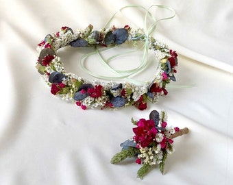 Bridal Crown Of Meadow Flowers and Carnations, Series Dalila, Dried Flowers Crown, Hair Wreath, Crown of Natural Flowers, Groom Corsage