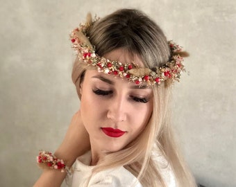 Bridal Flower Crown, Series Leó Red, Crown of Meadow Flower, Bride Headpiece, Wedding Bridal Set, Crown of Natural Flowers, Floral Tiaras