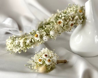 Bridal Floral Crown, Crown of dried Flowers, Communion Crown, Series Gentle Green, Bridal Hair Wreath, Groom Corsage, Bridal hair accessory