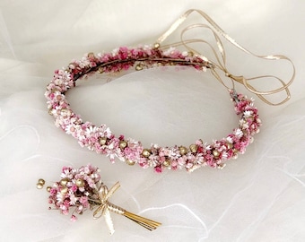 Braut Krone aus Wiesenblumen, Serie Indian Pink, Getrocknete Blumen Krone, Floraler Kopfschmuck, Krone aus Natürlichen Blumen, Bräutigam Anstecknadel