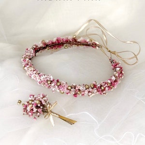 Bridal Crown Of Meadow Flowers, Series Indian Pink, Dried Flowers Crown, Floral Headpiece, Crown of Natural Flowers, Groom Corsage