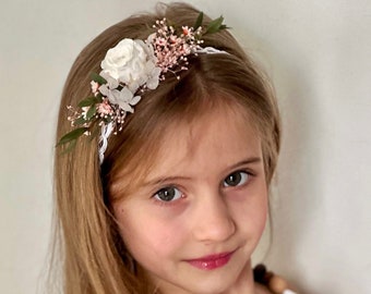 Baby headpieces for communion, White roses crown, Dried flower Headpieces, Baby headband, Communion crown, Preserved roses headband