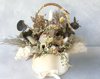 Panier de fille de fleur, fille de fleur rustique, panier en soie de mariage, bouquet de mariée de fleurs séchées, série Boho crème, roses ivoire et pampasgrass