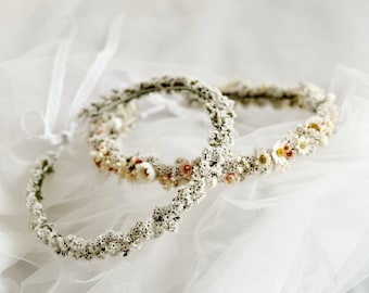 Corona nupcial blanca de flores secas, Corona de margaritas secas y Limonium blanco, Corona de comunión, diadema de flores para bebés, Pulsera de novia
