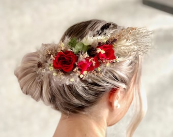 Bridal Hair Vine, Dried Flower Wreath, Crown of Natural Flowers, Bridal Hair Floral Pin, Boho Bridal Hair, Groom Corsage, Dried Red Roses