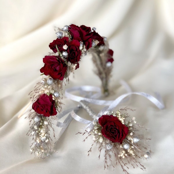 Crown of dry Flowers, Hair Wreath with Roses, Bride set Series Silver Red, Dry Flowers Crown, Floral Tiaras, Grooms corsage, Dried Roses