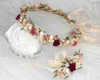 Bridal Crown, Crown of dried roses, Bridal accessory, Set of Series Gentle, Bridal Headpieces, Bridesmaids Bracelet