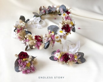 Corona di fiori secchi, Serie Endless Story, Boho Hairwreath, Corona di damigelle d'onore, Corsage dello sposo, Bracciale da sposa, Corona di fiori, Corona