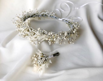 Corona sposa bianca, corona di fiori secchi, corona di comunione, serie bianca, corona di fiori secchi, corona di capelli da sposa, corsage dello sposo, set da sposa