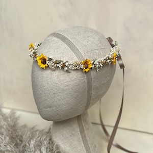 Corona sottile di fiori secchi e girasoli di carta, corona da sposa fiore selvatico, corona di girasoli, copricapo di fiori secchi, corona di bambino di comunione