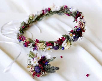 Bridal Crown Of Meadow Flowers and Roses, Series Siena, Dried Flowers Crown, Hair Wreath, Crown of Natural Flowers, Groom Corsage, Tiaras