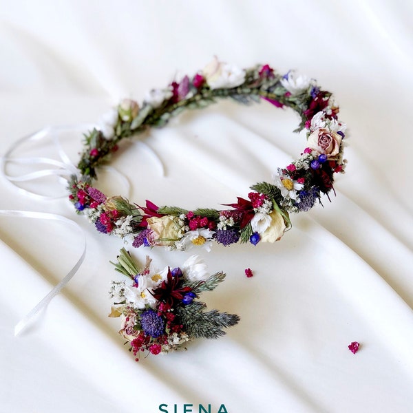 Bridal Crown Of Meadow Flowers and Roses, Series Siena, Dried Flowers Crown, Hair Wreath, Crown of Natural Flowers, Groom Corsage, Tiaras