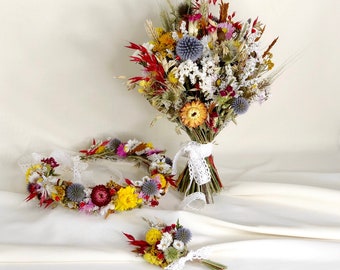 Couronne de mariée de fleurs des prés, série Bonheur, ensemble de mariage de fleurs séchées, bouquet de mariée, ensemble floral de mariée, ensemble de mariée champêtre