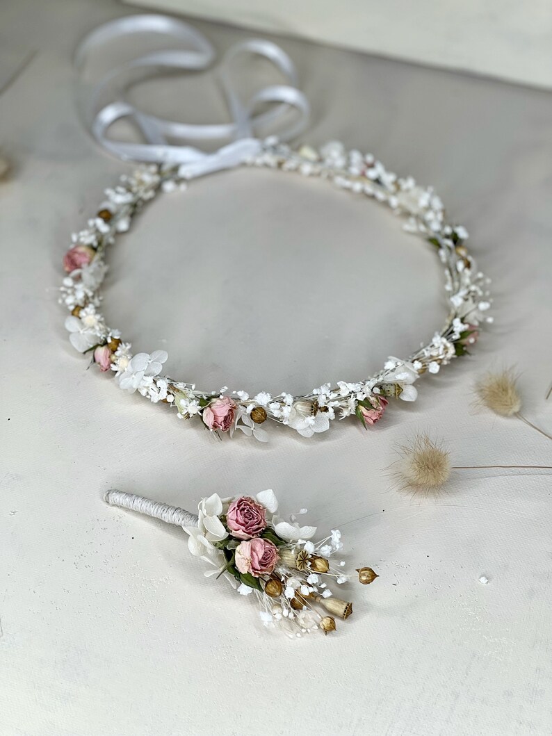 Corona sottile di fiori secchi e rose rosa, corona di fiori da sposa, copricapo di fiori secchi, copricapo da sposa, corona di comunione, corona di bambino immagine 4