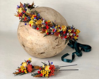 Brautkrone, Krone aus getrockneten Blumen, Braut Accessoire, Set aus der Serie Autumn Vintage, Braut Haarnadeln, Brautjungfer Krone, Bräutigam Corsage