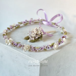 Corona sottile di fiori secchi e rose di carta, corona nuziale viola, corona sposa floreale, corona bambino comunione, corona bambino, corona sottile viola