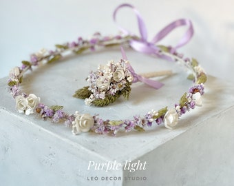 Fine couronne de fleurs séchées et de roses en papier, couronne de mariée violette, couronne de mariée florale, couronne de bébé communion, couronne de bébé, couronne mince violette