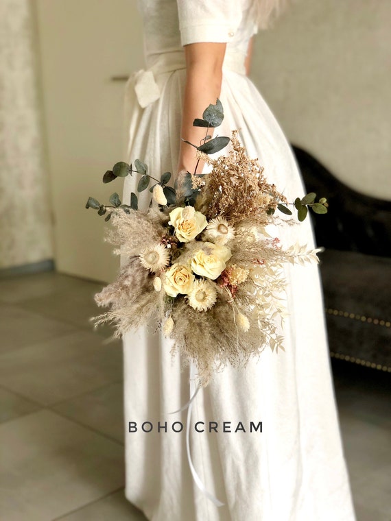 Bridal Bouquet of Dried Flowers, Series Boho Cream, White Roses