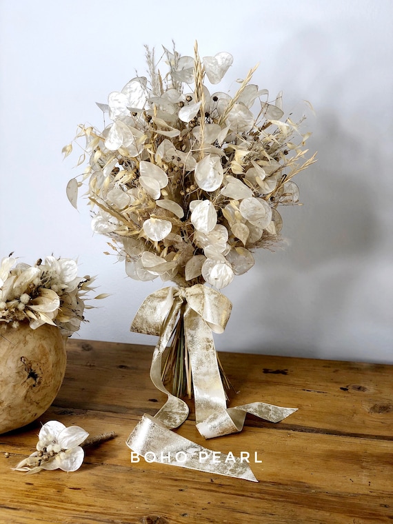 Bridal Crown, Dried Flower Wedding Set, Money Plant Bouquet, White