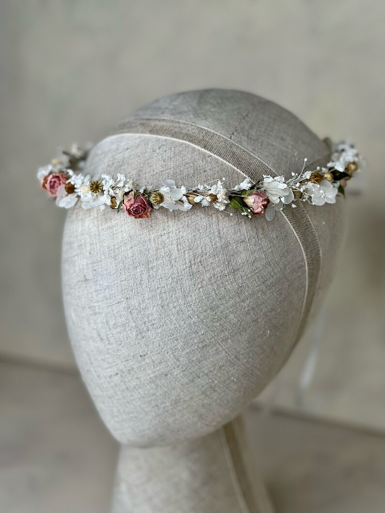 Corona sottile di fiori secchi e rose rosa, corona di fiori da sposa, copricapo di fiori secchi, copricapo da sposa, corona di comunione, corona di bambino immagine 6