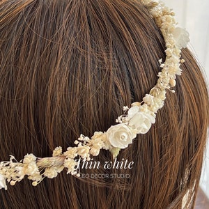 Corona fina de flores secas y rosas de papel, Corona nupcial blanca, Corona novia floral, Corona comunión, Corona bebé, Corona fina blanca crown hairband 30cm