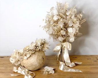 Couronne nuptiale, ensemble de mariage de fleurs séchées, bouquet de plantes d’argent, bouquet de lunaria blanc, ensemble de fleurs blanches pour les mariées, corsage de marié, couronne florale