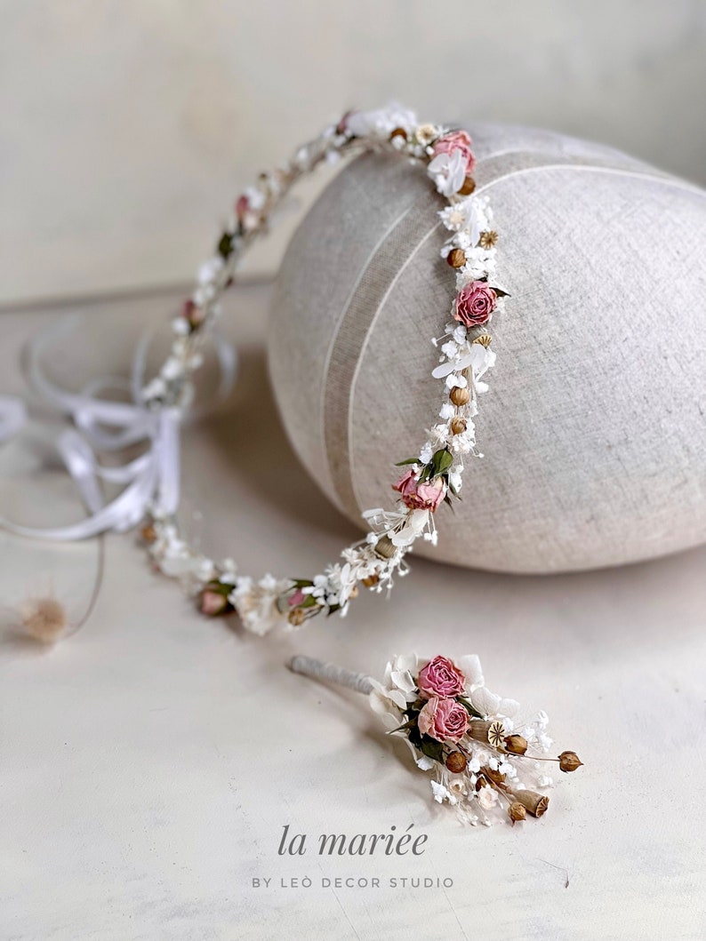 Corona sottile di fiori secchi e rose rosa, corona di fiori da sposa, copricapo di fiori secchi, copricapo da sposa, corona di comunione, corona di bambino immagine 1